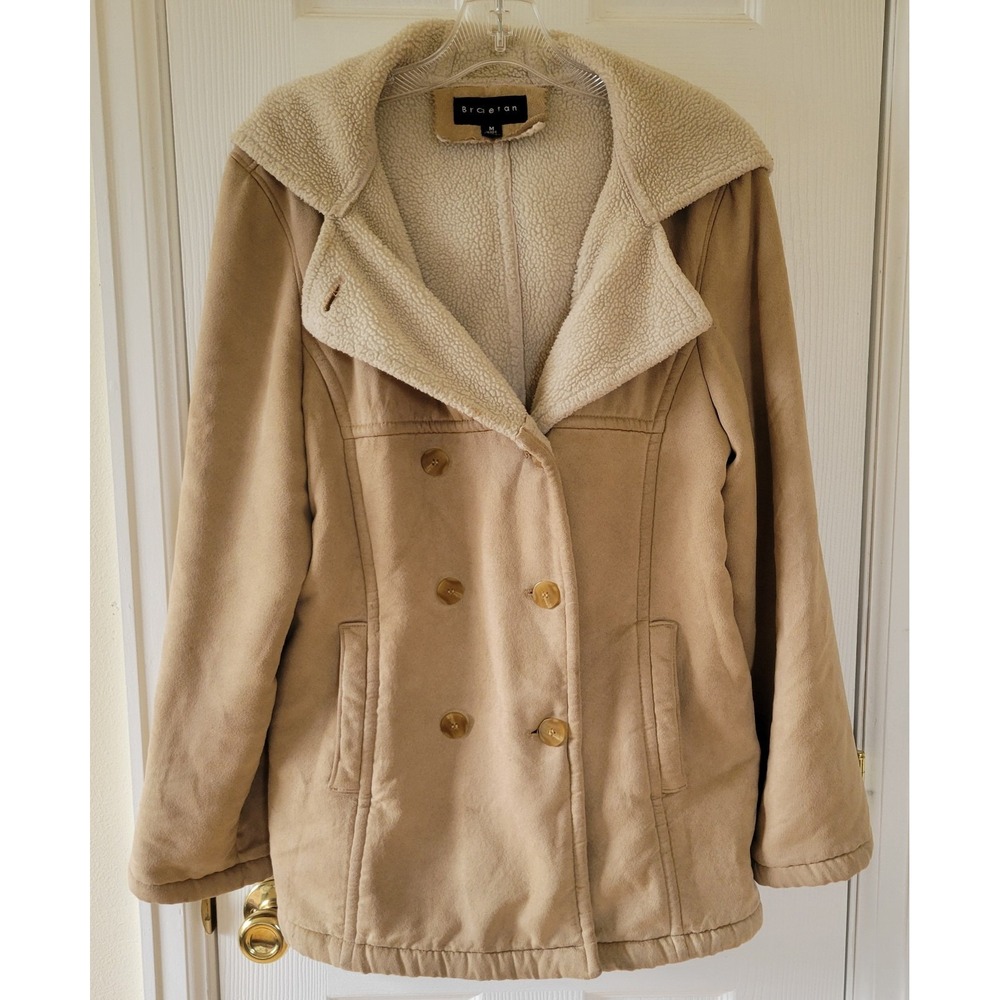 Braetan Faux Suede Shearling Lined Hooded Jacket Tan Double Breasted Coat M